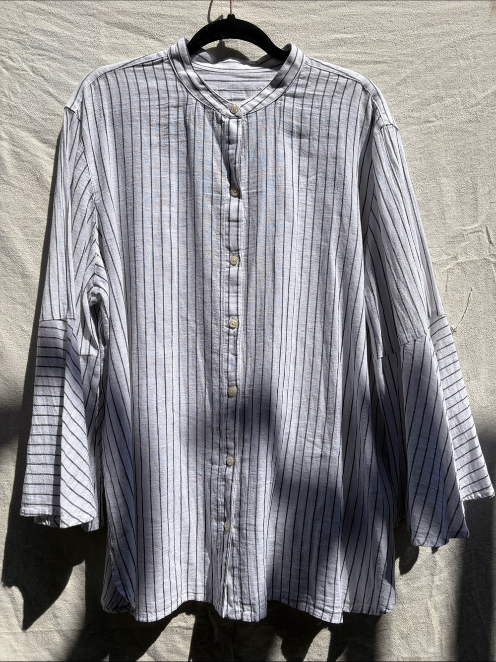Striped White Band-Collar Button-Down Shirt